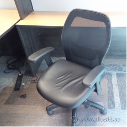Black Leather Mesh Back Adjustable Rolling Task Chair with Arms